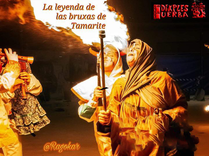 cartel espectáculo de fuego, pirotecnia y música, la leyenda de las brujas de tamarite, en la foto una bruja y un diaple echando fuego por la boca